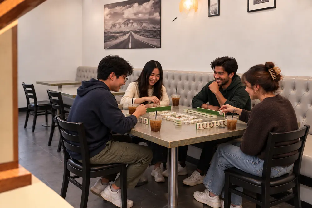 Four friends laughing over a game of mahjong at a small table by the bench, iced coffees in hand