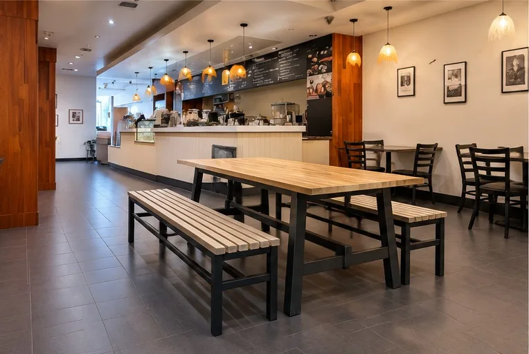 The long wooden communal table and benches, with the coffee counter and menu board behind it