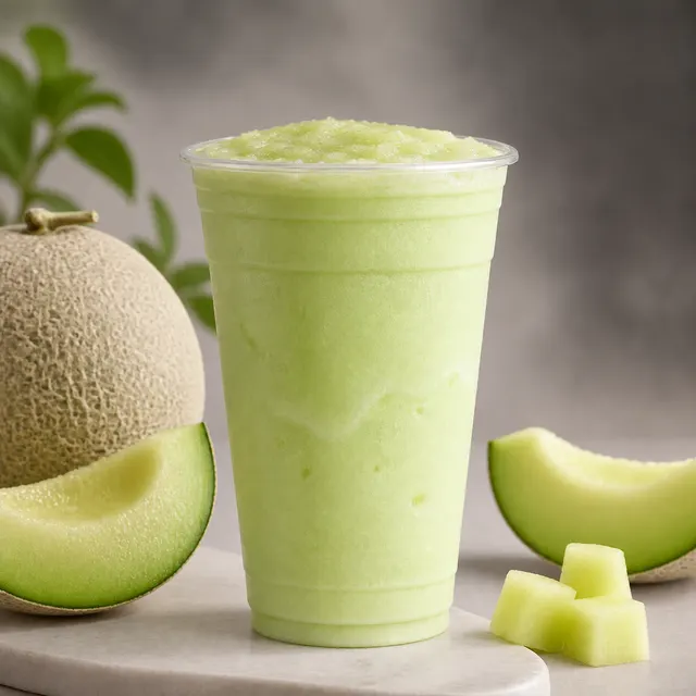 Melon frappe in a clear cup, beside a cut melon and cubes of melon